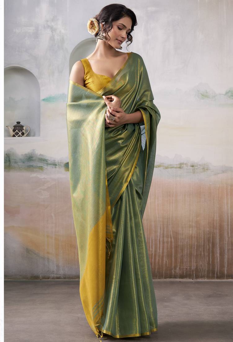  GREEN tissue silk blend saree for festive & party wear