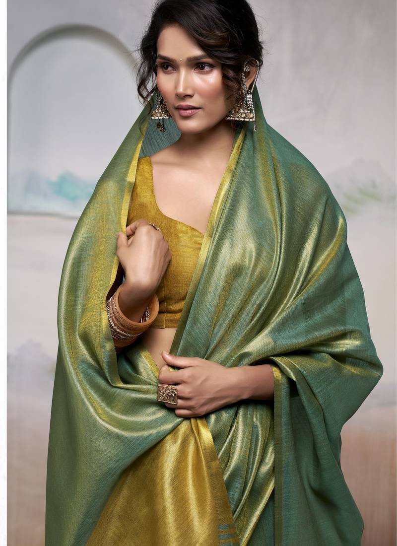  GREEN tissue silk blend saree for festive & party wear