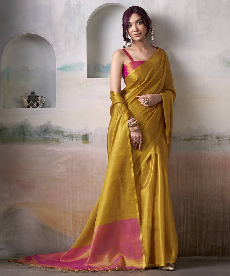YELLOW tissue silk blend saree for festive & party wear