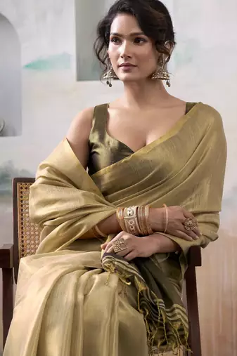 CREAM tissue silk blend saree for festive & party wear