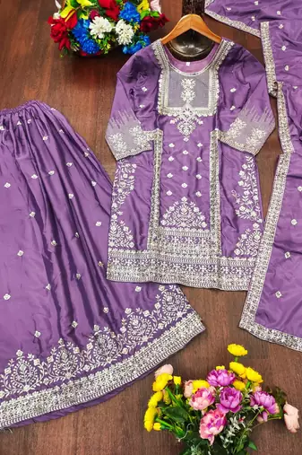 Lavender crepe silk sequin embroidered sharara suit