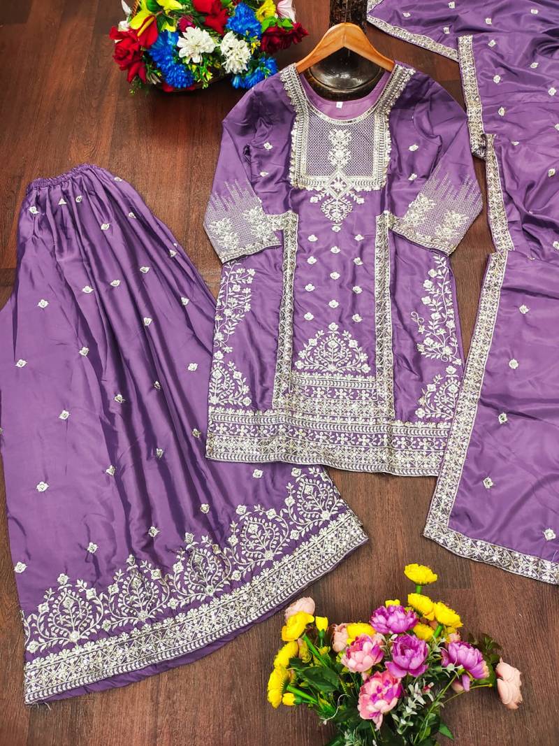 Lavender crepe silk sequence embroidered sharara suit
