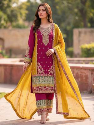 Rani pink silk blend embroidery sequin salwar suit  1