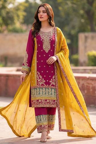 Rani pink silk blend embroidery sequin salwar suit 