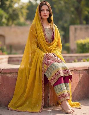 Rani pink silk blend embroidery sequin salwar suit  2