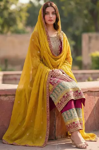 Rani pink silk blend embroidery sequin salwar suit 