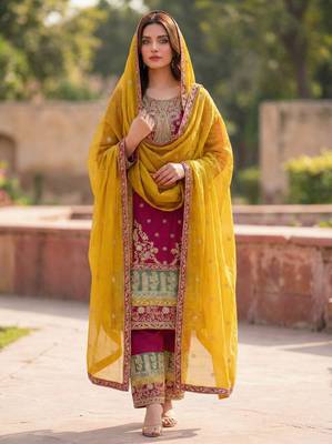 Rani pink silk blend embroidery sequin salwar suit  3