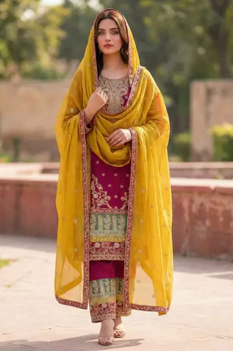 Rani pink silk blend embroidery sequin salwar suit 