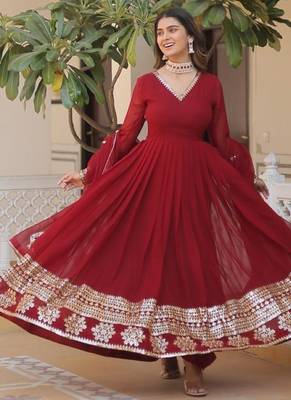 Red geogette embroidered gown - free size 1