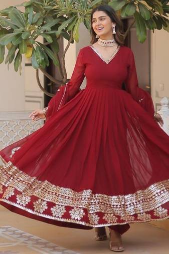 Red geogette embroidered gown - free size