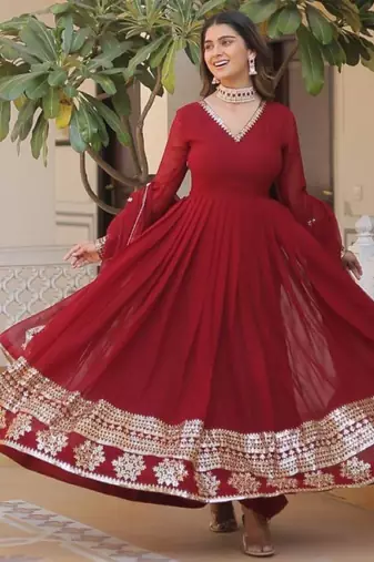 Red geogette embroidered gown - free size