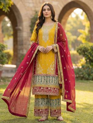 Yellow silk blend embroidery sequin salwar suit  1