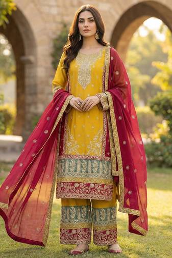 Yellow silk blend embroidery sequin salwar suit 