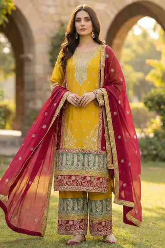 Yellow silk blend embroidery sequin salwar suit 