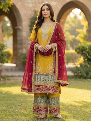 Yellow silk blend embroidery sequin salwar suit  2