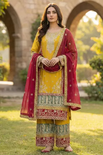 Yellow silk blend embroidery sequin salwar suit 