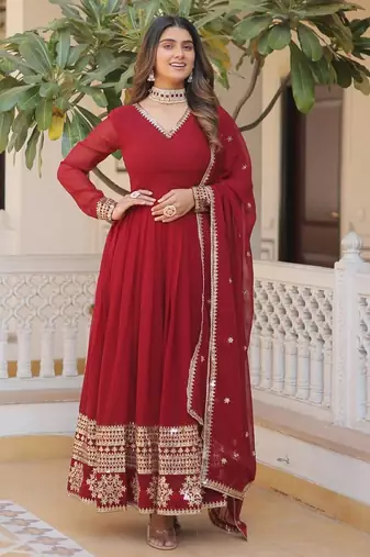 Red geogette embroidered gown - free size