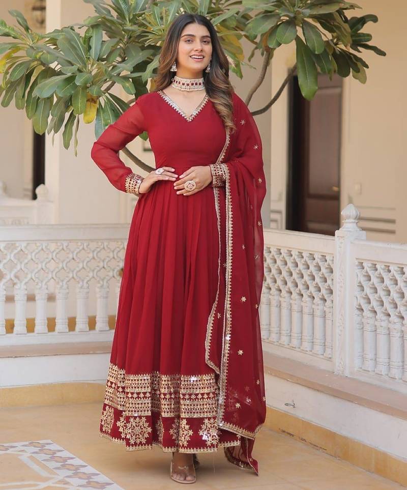 Red geogette embroidered gown - free size