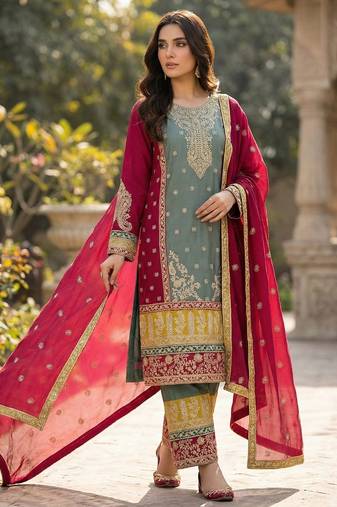 Blue silk blend embroidery sequin salwar suit 