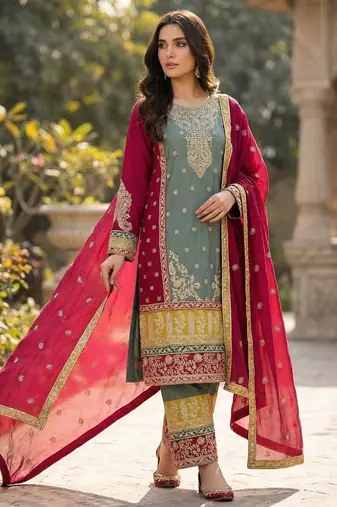 Blue silk blend embroidery sequin salwar suit 