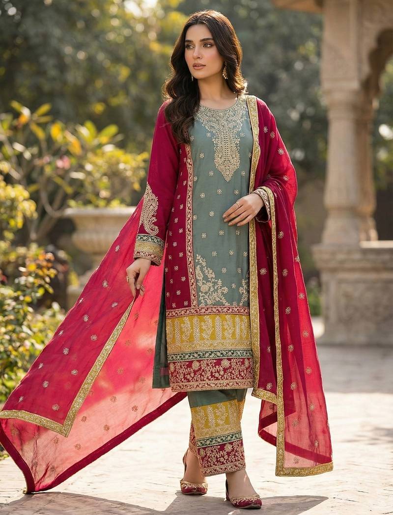 Blue silk blend embroidery sequin salwar suit 