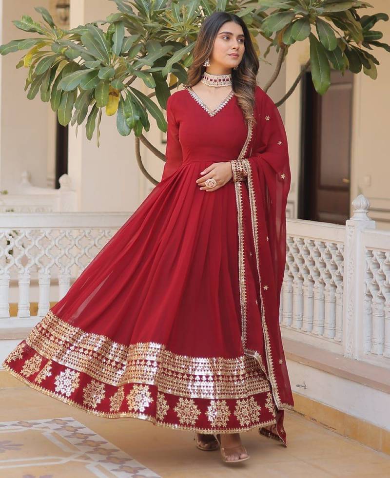 Red geogette embroidered gown - free size