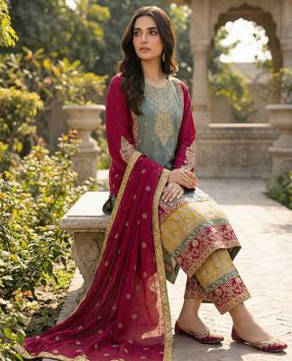 Blue silk blend embroidery sequin salwar suit  2