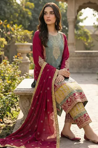 Blue silk blend embroidery sequin salwar suit 