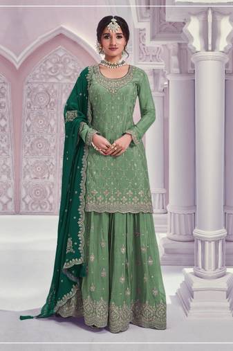 Green silk blend embroidery sequin salwar suit 