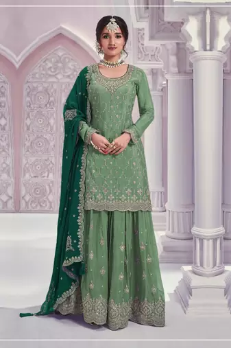 Green silk blend embroidery sequin salwar suit 