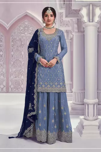 Blue silk blend embroidery sequin salwar suit 