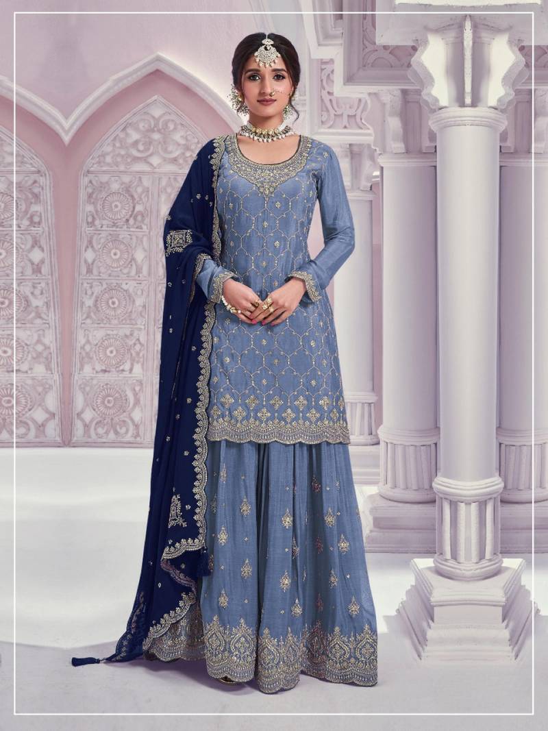 Blue silk blend embroidery sequin salwar suit 