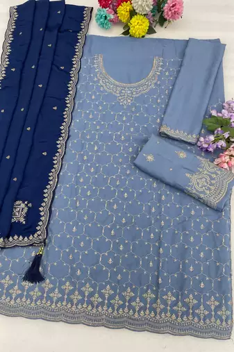 Blue silk blend embroidery sequin salwar suit 