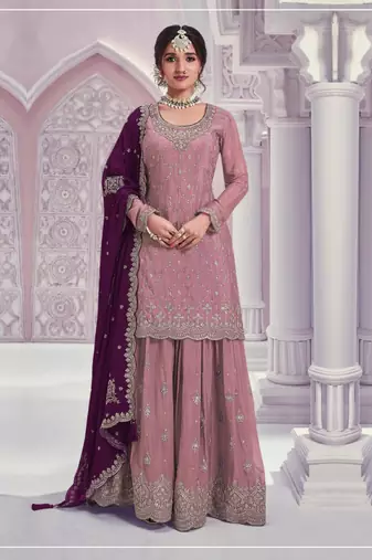 Pink silk blend embroidery sequin salwar suit 