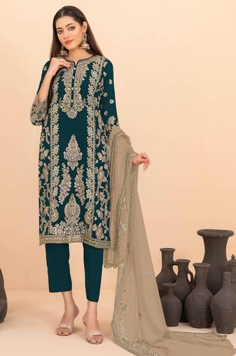 Teal blue silk blend embroidery sequin salwar suit 