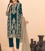 Teal blue silk blend embroidery sequin salwar suit 