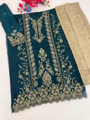 Teal blue silk blend embroidery sequin salwar suit  2