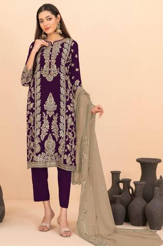 Purple silk blend embroidery sequin salwar suit 