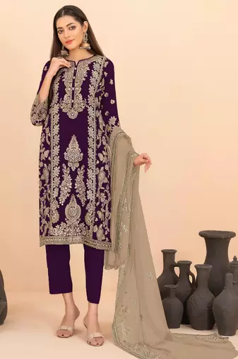 Purple silk blend embroidery sequin salwar suit 