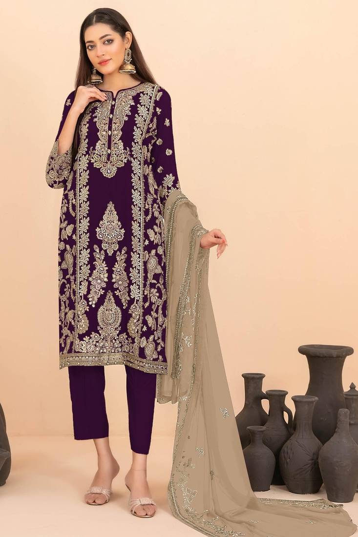 Purple silk blend embroidery sequin salwar suit 