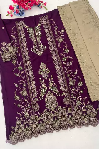 Purple silk blend embroidery sequin salwar suit 