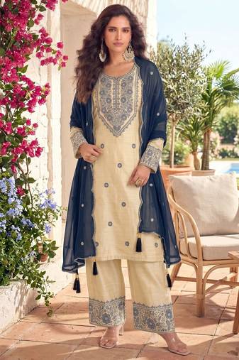 White & teal cotton embroidery patch work slawar suit
