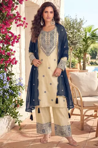 White & teal cotton embroidery patch work slawar suit