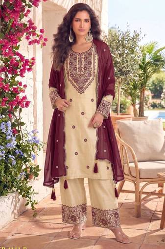 White & maroon cotton embroidery patch work slawar suit