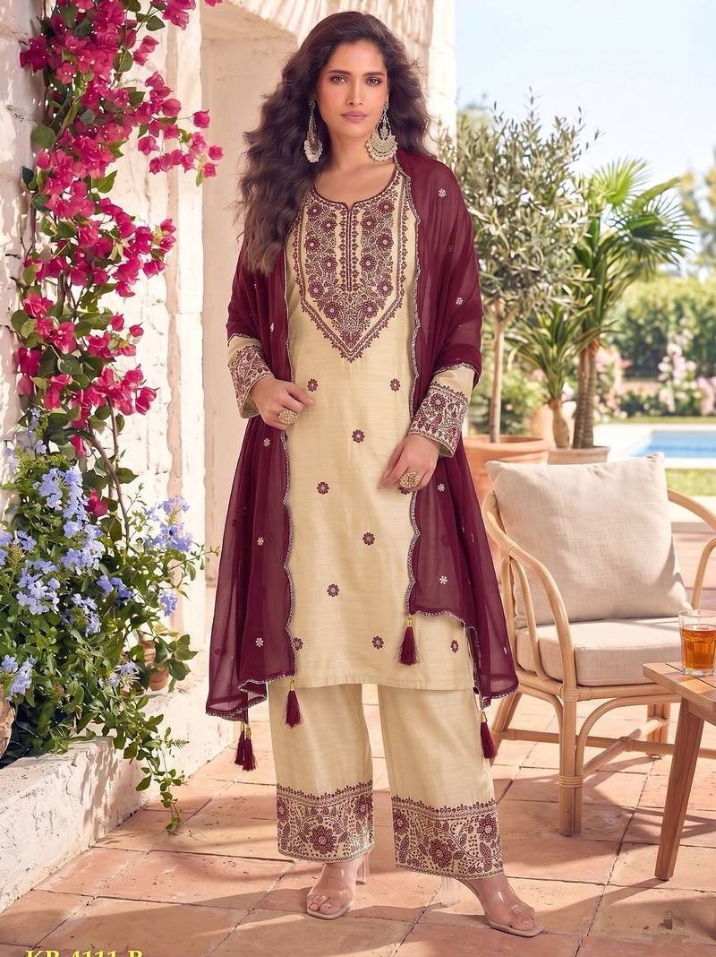 White & maroon cotton embroidery patch work slawar suit
