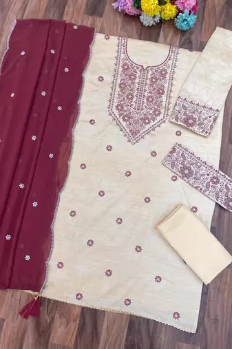 White & maroon cotton embroidery patch work slawar suit
