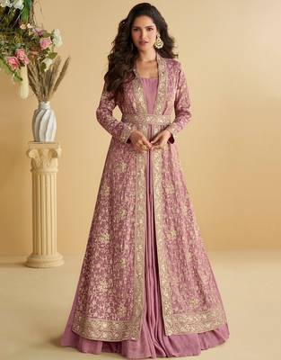 Pink silk blend embroidered sequin anarkali suit  1
