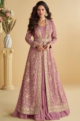 Pink silk blend embroidered sequin anarkali suit 