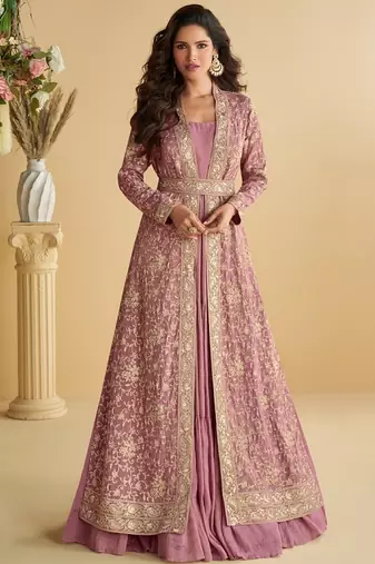Pink silk blend embroidered sequin anarkali suit 