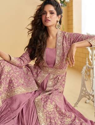 Pink silk blend embroidered sequin anarkali suit  2